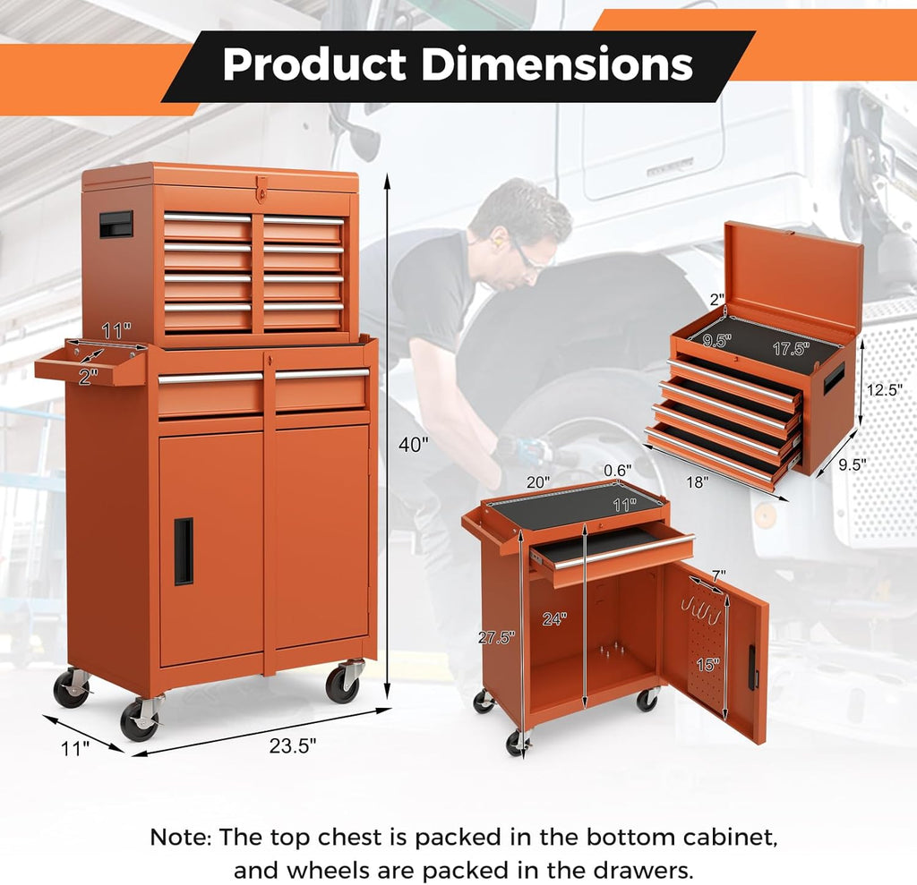 IRONMAX Rolling Tool Chest, 5-Drawer Lockable Tool Cabinet w/Adjustable Shelf & 4 Universal Wheels, 2 in 1 Detachable Tool Box Storage Organizer for Garage Workshop Repair Shop, Orange