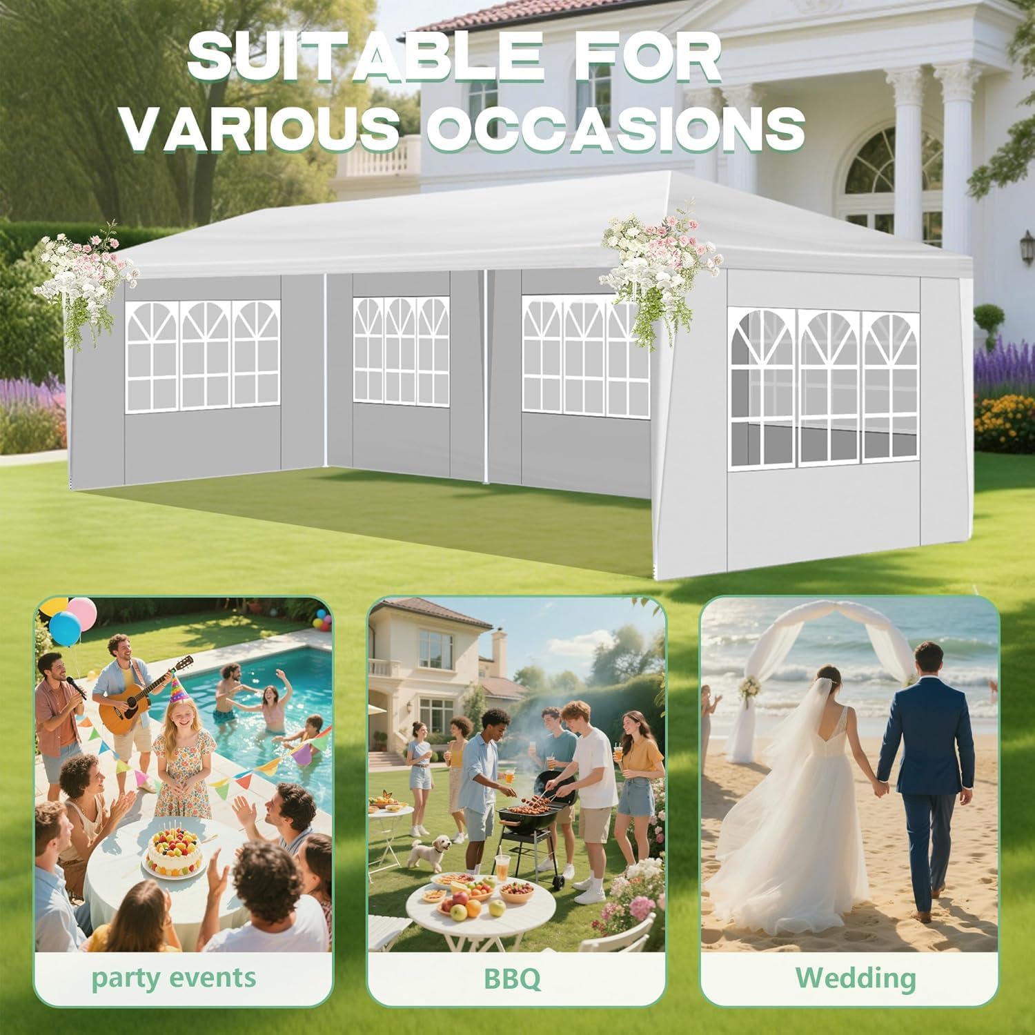 Outdoor Party Tent Wedding Birthday Tents for Parties Canopy Tent with Removable Sidewalls & Transparent Windows Outside Gazebo Event for Garden Patio and Backyard (10'x30'/5 Sidewalls)