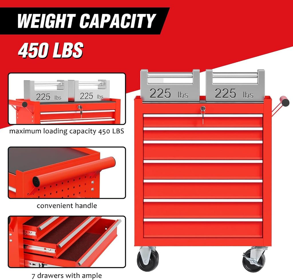7 Drawers Tool Cart on Wheels, Multifunctional Rolling Storage Tool Chest,Drawers Rolling Tool Trolley Organizer Case for Garage,Warehouse,Workshop,Repair Shop (7 Drawers - Red)
