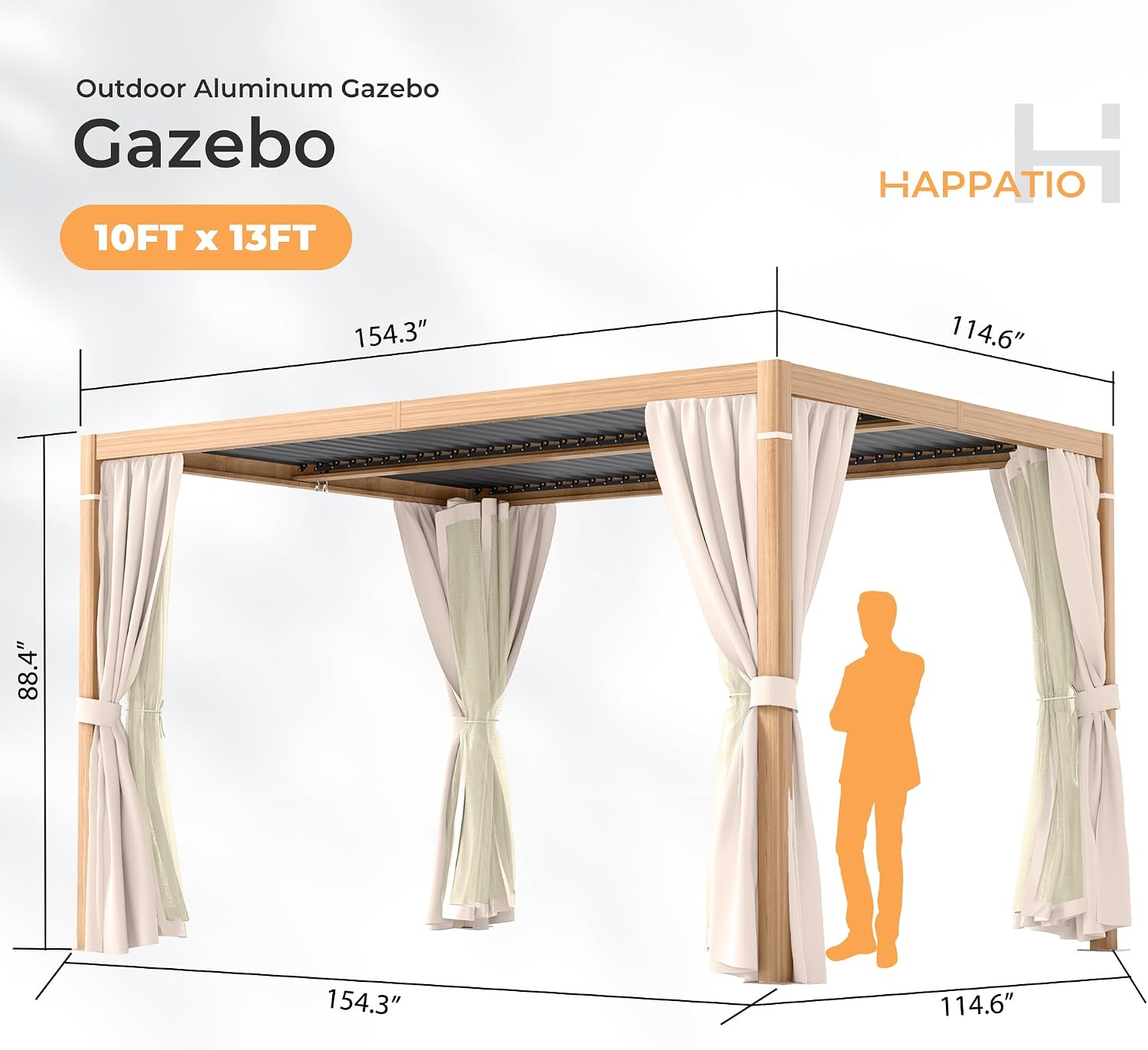 HAPPATIO Louvered Pergola 10' x13' Outdoor, Woodgrain-Look Aluminum Frame with Adjustable Rainproof Roof, Patio Pergola with Curtains and Mosquito Nets, Aluminum Frame for Patio, Backyard, Deck