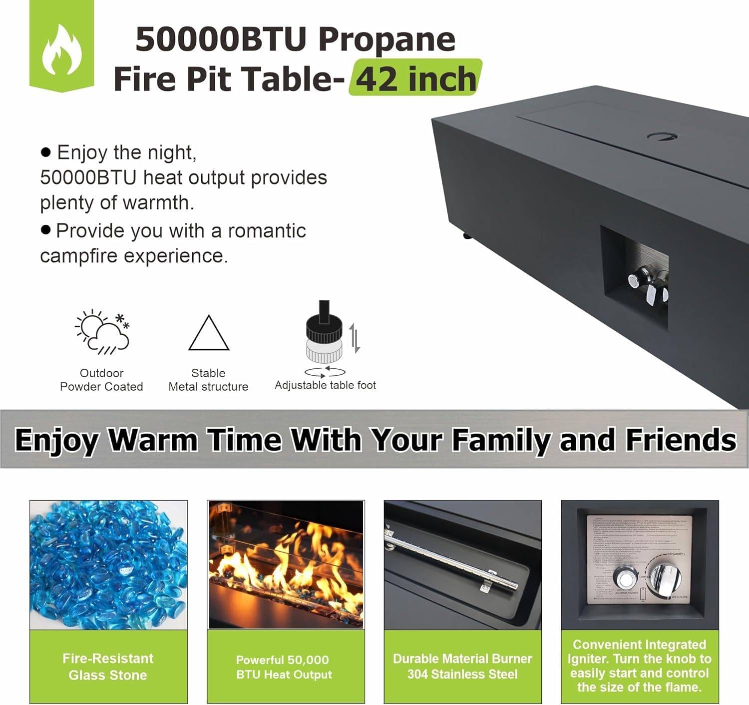 SUNPEAK 42' Rectangular Propane Fire Pit Table 50,000 BTU Fireplace Table with Wind Guard, Lid, Rocks and Cover - Fire Pits & Outdoor Fireplaces - Gas Fire Pits for Outside Patio (Black, 42')