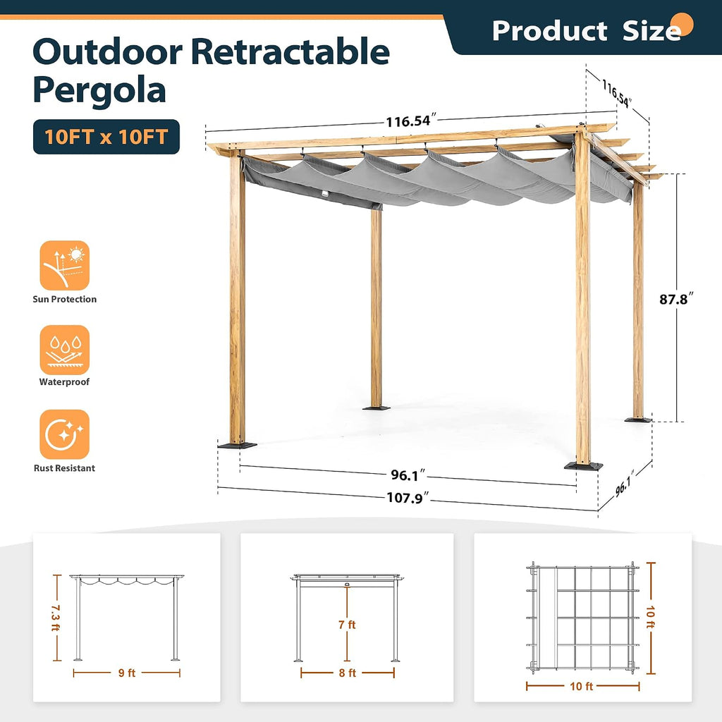 HAPPATIO 10' X 10' Wood-Grain Aluminum Pergola - Adjustable Sun Shade Canopy with Retractable Roof for Backyard, Deck, Patio, by The Pool,Grey