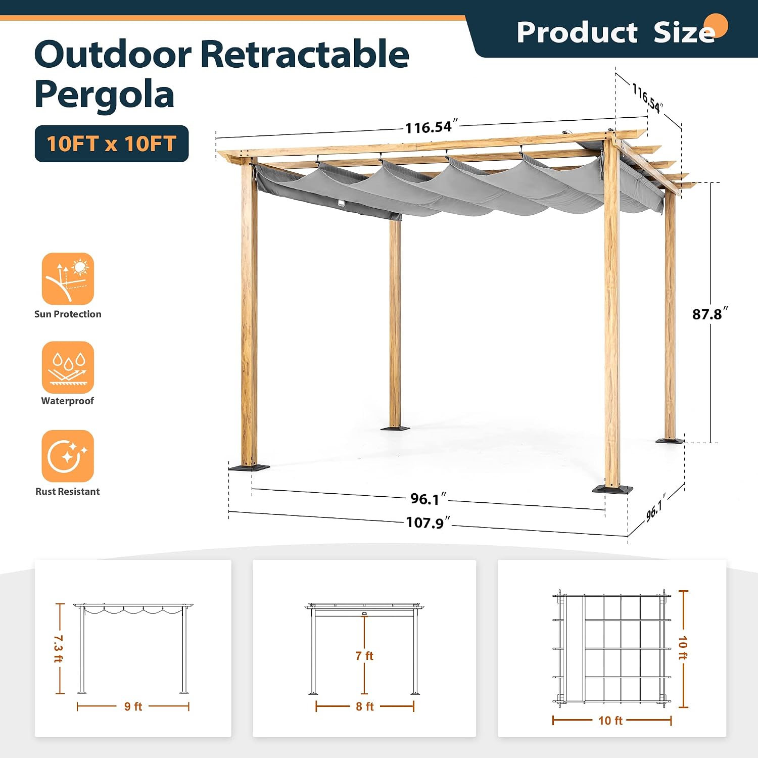 HAPPATIO 10' X 10' Wood-Grain Aluminum Pergola - Adjustable Sun Shade Canopy with Retractable Roof for Backyard, Deck, Patio, by The Pool,Grey