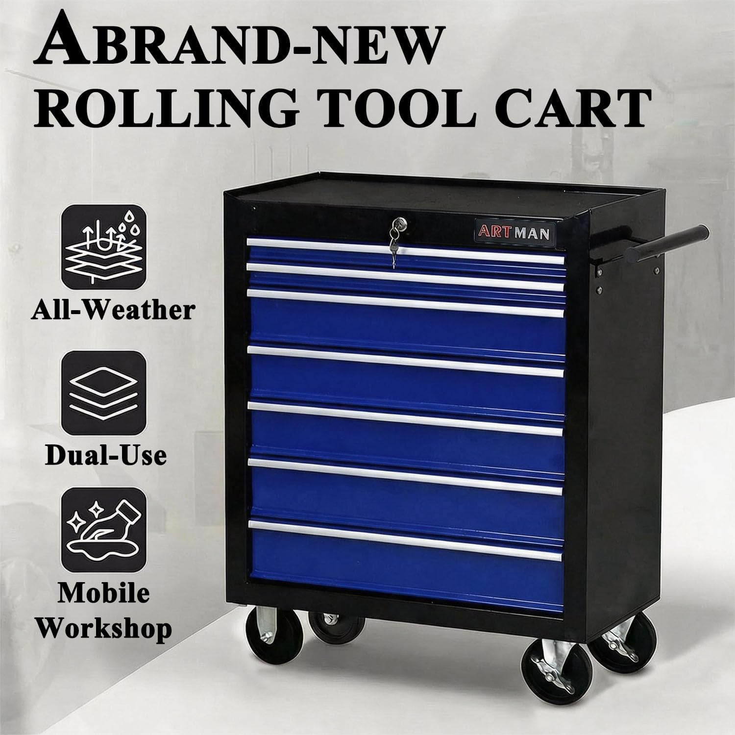 7 Drawers Tool Cart on Wheels,Multifunctional Rolling Tool Chest Tool Storage,Drawers Rolling Tool Trolley Organizer Tool Case for Garage,Warehouse,Workshop,Repair Shop (7 Drawers-Black&Blue)