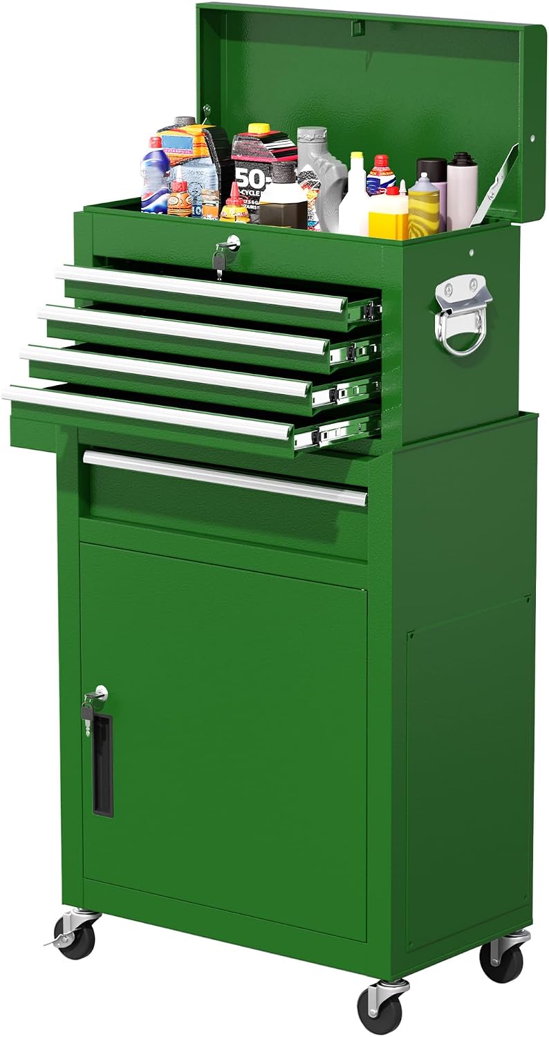 Greenvelly Tool Chest, 5-Drawer Rolling Tool Chest with Hooks and Lockable Wheels, Detachable Top Tool Box, Toolbox with Wheels, Rolling Tool Box for Mechanics Garage Workshop and Tool Room (Green)