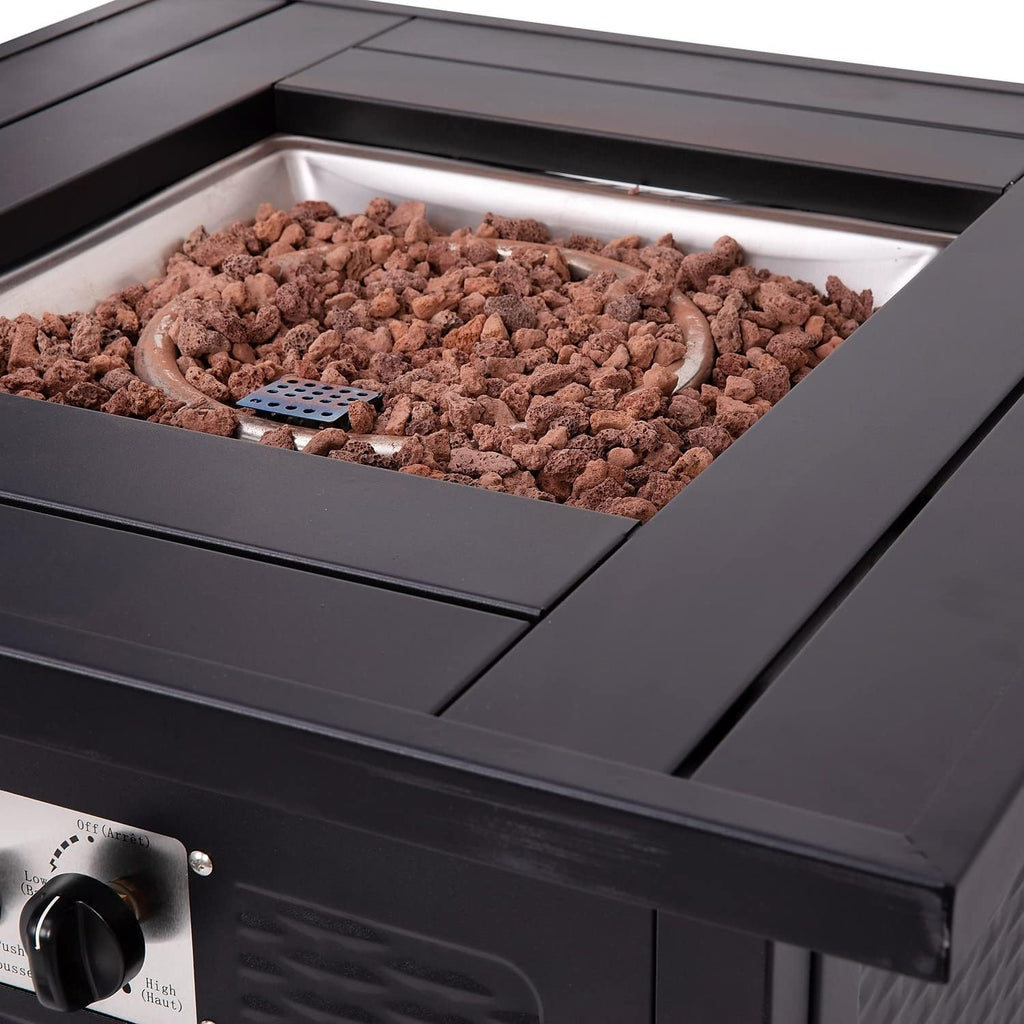 Flash Furniture Olympia 50,000 BTU Outdoor Propane Gas Fire Pit Table - Black Stainless Steel Tabletop and Steel Wicker Detail Base - 28' Square - Included Lava Rocks