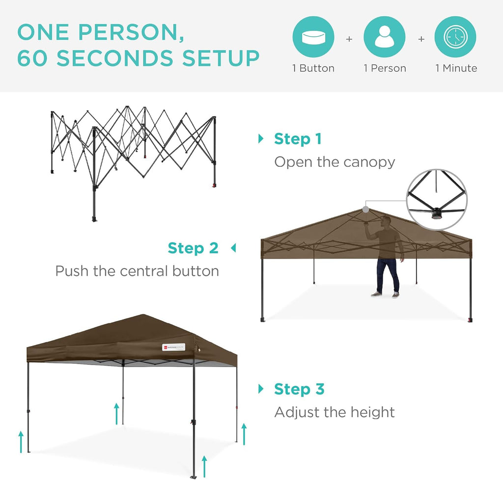 Best Choice Products 12x12ft Pop Up Canopy Tent, Outdoor Shade, 1 Person 1 Minute Set Up, Carry Case, 4 Weight Bags - Brown