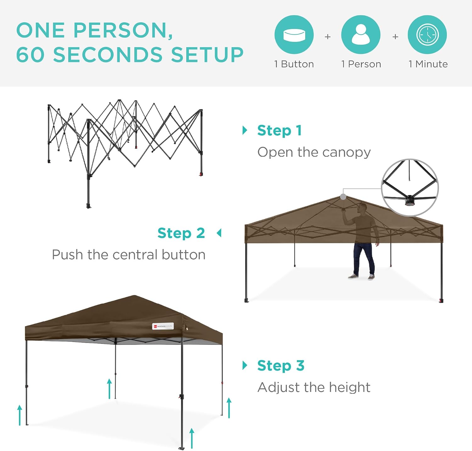 Best Choice Products 12x12ft Pop Up Canopy Tent, Outdoor Shade, 1 Person 1 Minute Set Up, Carry Case, 4 Weight Bags - Brown