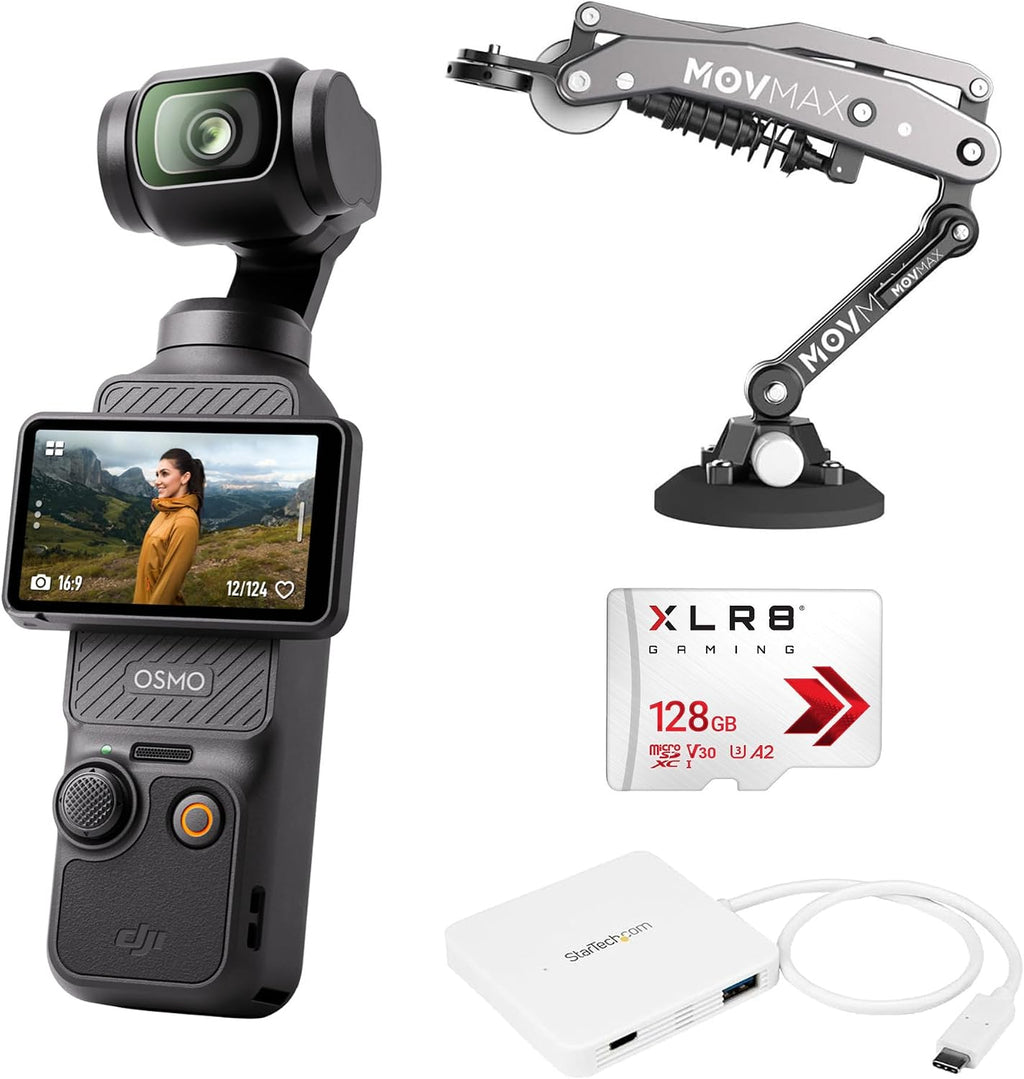 DJI Osmo Pocket 3 Bundle with Blade Arm for DJI Pocket 3, Insta 360, and GoPro Hero 12 Cameras, 128GB Gaming A2 MicroSDXC Flash Memory Card, and 3-Port USB-C Portable Expansion Hub (White) (4 Items)