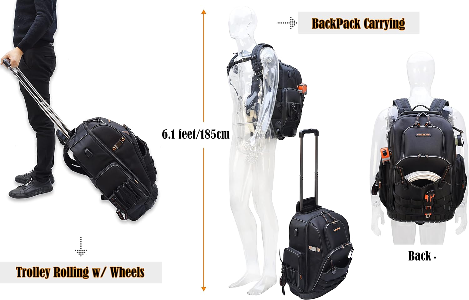 WELKINLAND 72Pockets Rolling Tool backpack, Large tool bag with wheels, Rolling Electrician bag with wheels for men