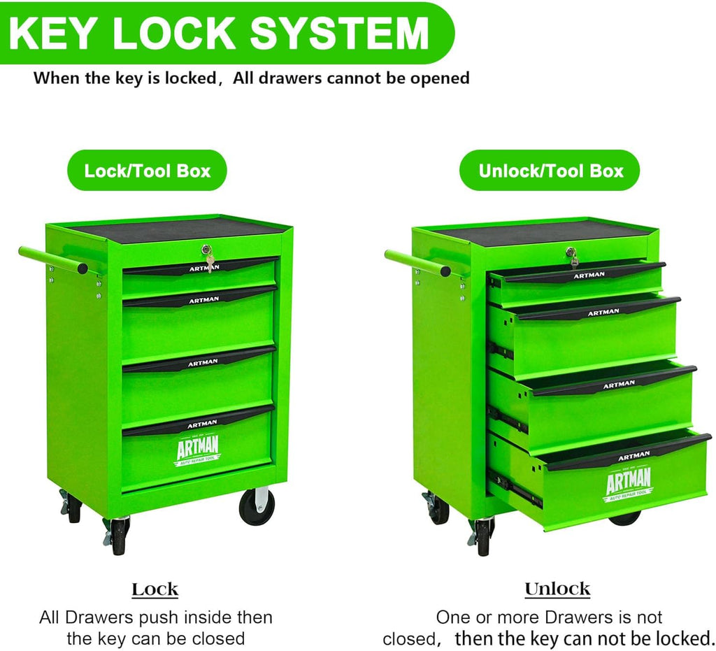 4 Drawers Tool Cart on Wheels, Multifunctional Rolling Tool Chest, Drawers Mobile Trolley Organizer Heavy Duty Tools Box with Locking Wheels & Ball Bearing Drawers (Green, 4 Drawers)