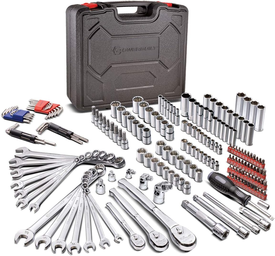 Powerbuilt 200 Piece 1/4-inch, 3/8-inch, and 1/2-inch Drive Mechanics Tool Set - with SAE and Metric Socket Set, Powerbuilt XT 90 Tooth Seal-Head Ratchets, including Case - 642472