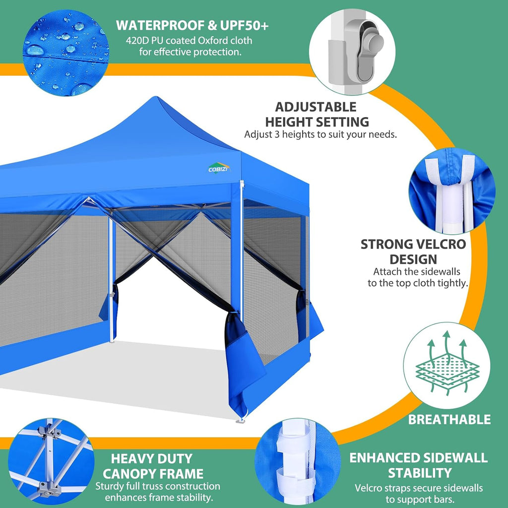 COBIZI 10x10 Canopy Tent with 4 Sidewalls,Heavy Duty Pop up Canopy with Mosquito Netting,Easy up Screen Tent for Parties Wedding Outdoor Camping with Handbag,Blue