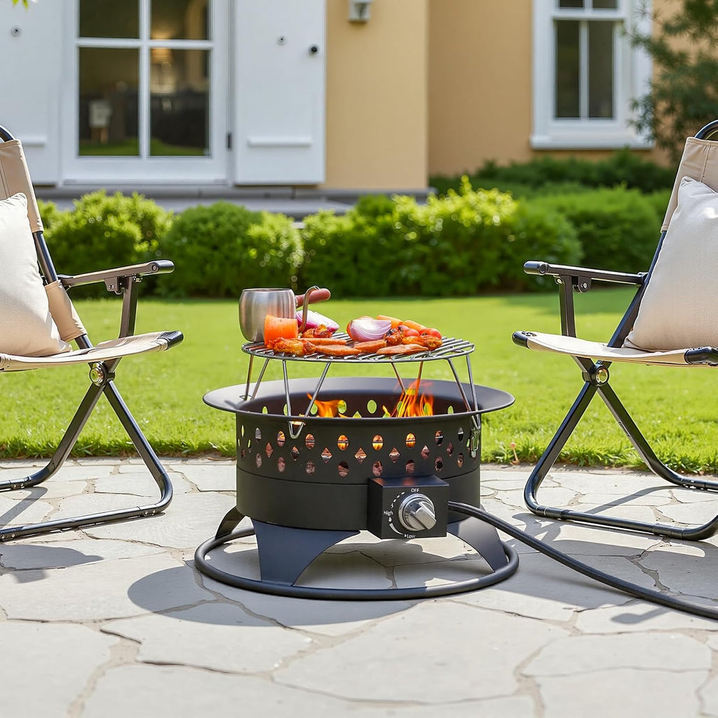 Breezz 20' Outdoor Fire Pit with Grill, 60000 BTU Smokeless Firepit, External Propane Required, Foldable Cooking Grate, Adjustable Flame, Patio Camping BBQ