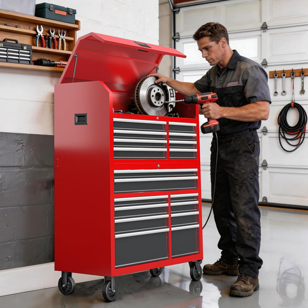 AIRAJ 18-Drawer Heavy-Duty Rolling Tool Chest,56' Garage Workbench Storage Tool Cabinet with Anti-Slip Liners,Two Integrated Power Strip,Locking System,Rolling Tool Box for Garage Storage,Workshop