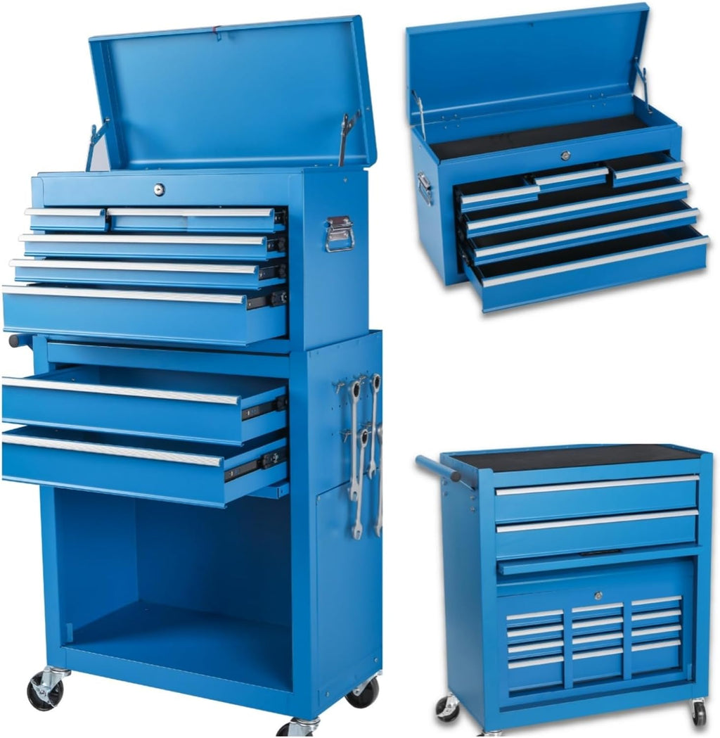 Tool Chest, 8-Drawers Rolling Tool Storage Cabinet with 2-in-1 Detachable Tool Box, Liner, Lockable Wheels, Side Hooks, Multifunctional Metal Tool Cart for Garage Workshop, Blue