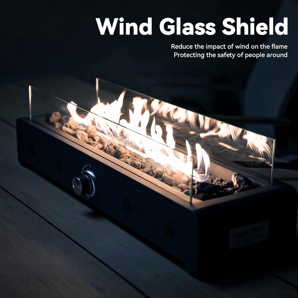 Onlyfire 28'' Tabletop Fire Pit Table, Propane Gas Firepit Bottom Mounted for Table with Umbrella Hole, Glass Wind Guard and Lava Rock, Outdoor Rectangular Smokeless Fireplace