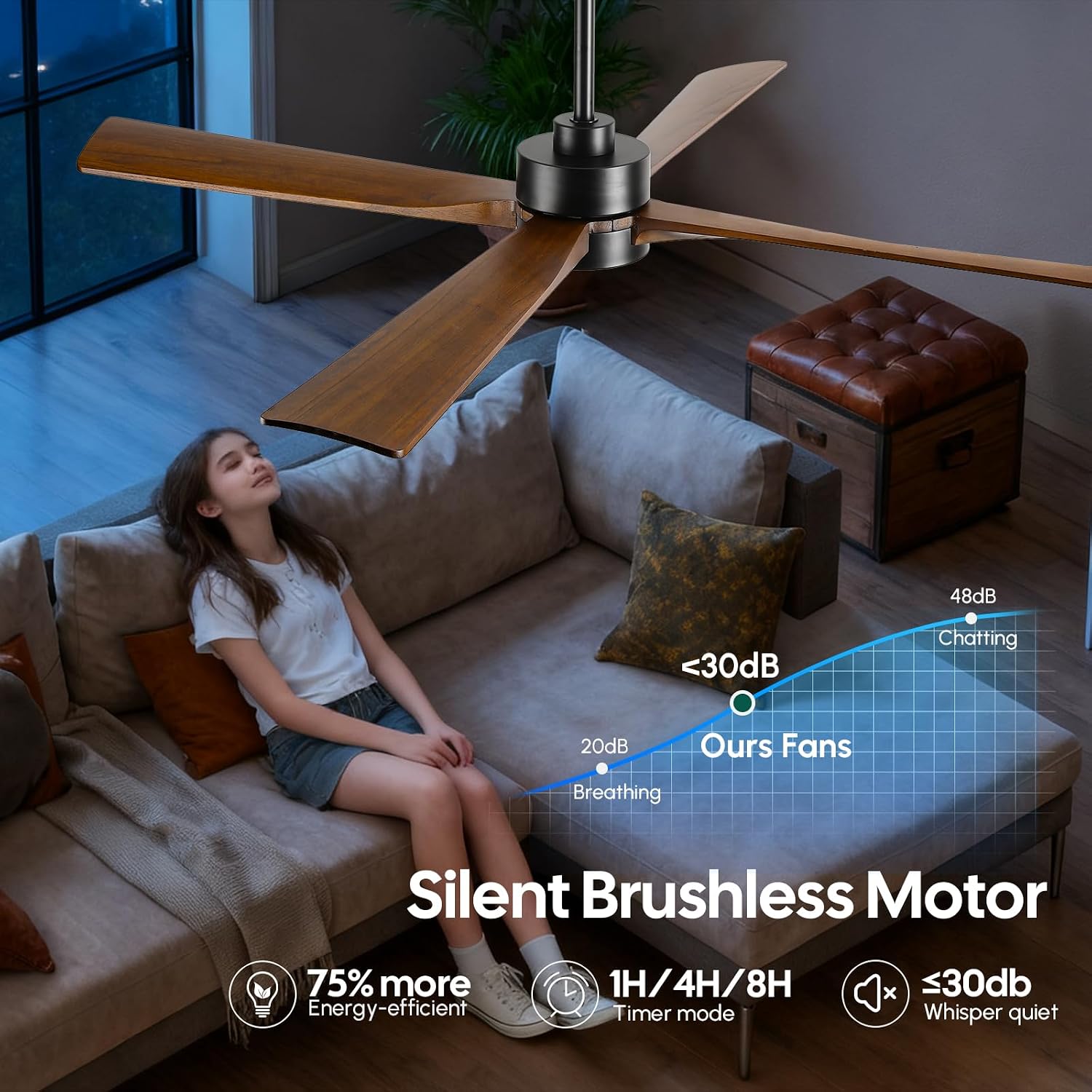 42 Inch Smart Outdoor Ceiling Fan with Light, Alexa/App/Remote Control, Damp Rated for Patio Porch, Brown Solid Wood Blades, Quiet Reversible DC Motor, Rustic Farmhouse Style for Indoor Bedroom