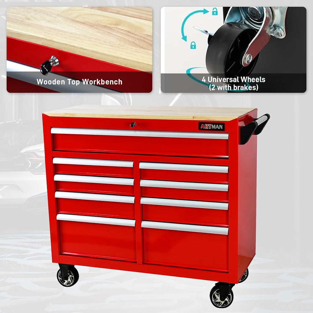 Rolling Tool Chest with Wheels, 9 Drawer Metal Tool Cabinet, Large Tool Cart for Garage, Warehouse, Workshop, Repair Shop, Red