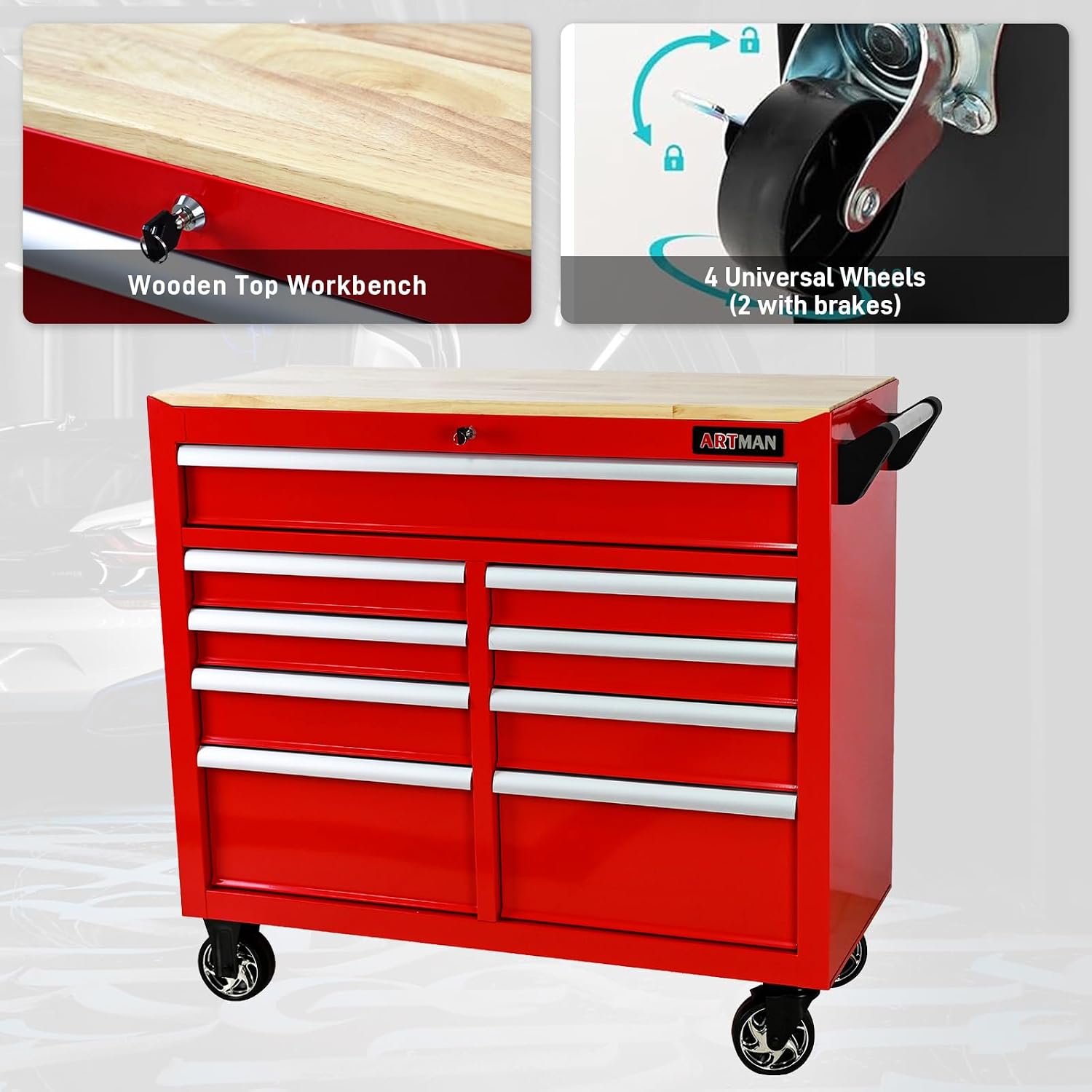 Rolling Tool Chest with Wheels, 9 Drawer Metal Tool Cabinet, Large Tool Cart for Garage, Warehouse, Workshop, Repair Shop, Red