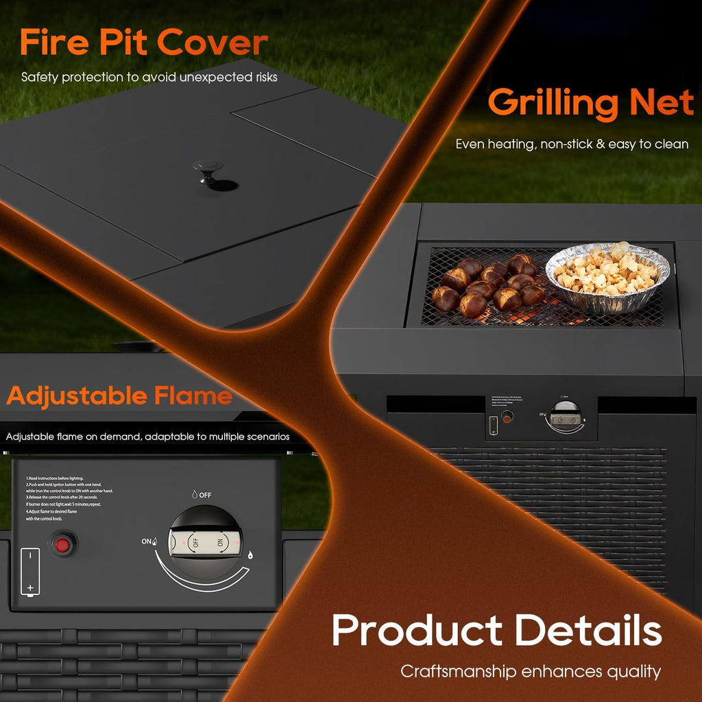 FDW 28-Inch Square Outdoor Propane Fire Pit Table, 50,000 BTU CSA Listed Gas Firepit with Lid & Lava Rock, Alloy Steel Patio Fire Pit Table for Patio Deck Garden