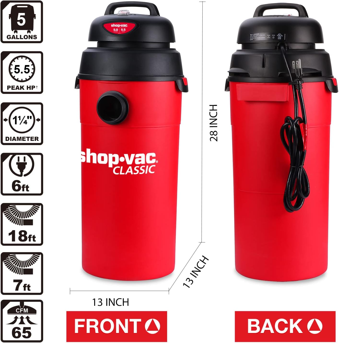 Shop-Vac 5 Gallon 5.5 Peak HP Wet/Dry Vacuum, Wall Mountable Compact Shop Vacuum with 18+7Ft Long Hose & Attachments, Ideal for Jobsite, Garage, Car & Workshop. 9522236