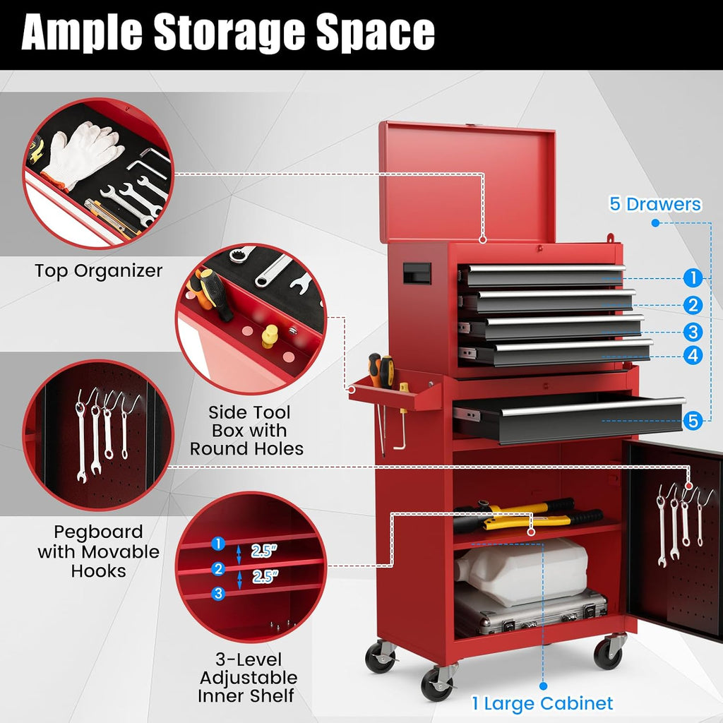 DORTALA Rolling Tool Chest Cabinet, Tool Box Organizer with 5 Sliding Drawers, Locking System, Toolbox Storage Cabinet on Wheels for Garage Workshop, Black & Red