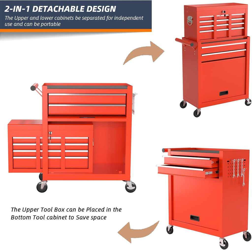 8-Drawer Rolling Tool Box, Lockable Rolling Tool Chest with Wheels and Drawers, 2 in 1 Large Capacity Storage Tool Cabinet for Warehouse, Garage, Tool Room and Repair Shop (Red)