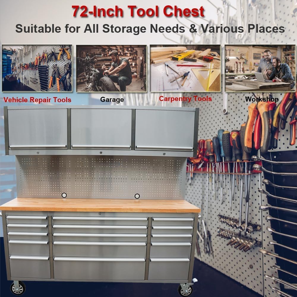 72-Inch Stainless Steel Rolling Tool Chest with 15 Drawers + 3 Upper Cabinets, Lockable Storage Cabinet, Mobile Workbench, Assembled Large Tool Box with Wheels for Garage Workshop (1 × HTC7218W1)
