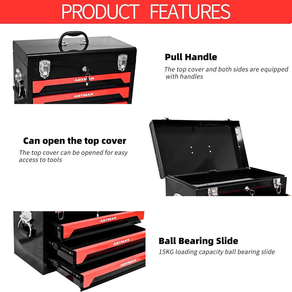 20' Portable 3 Drawer Steel Toolbox,Built in Tool Set,4 Layers of Tools with Metal Latches, with Top Storage Tray and carrying Handle, Multi-Function Tool Storage for Garage, Home,or Workbench