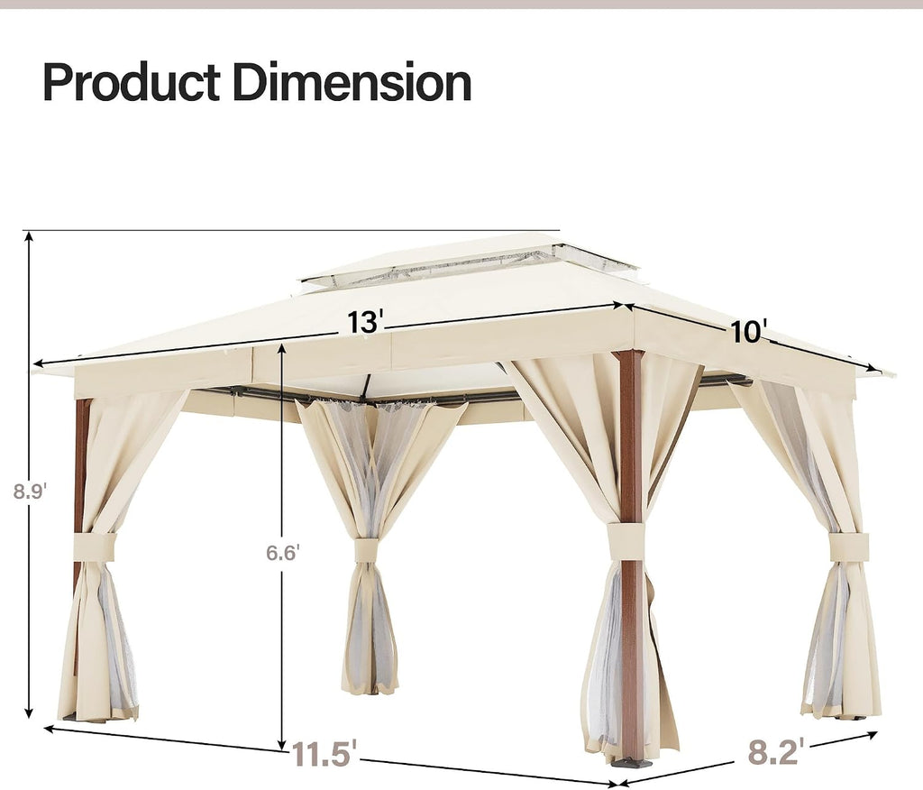 LAUSAINT HOME 10'x13' Outdoor Gazebo, Metal Frame Heavy Duty Patio Canopy Tent Shelter with Double Roofs, Mosquito Nettings and Privacy Screens for Backyard, Garden, Lawn, Cream White