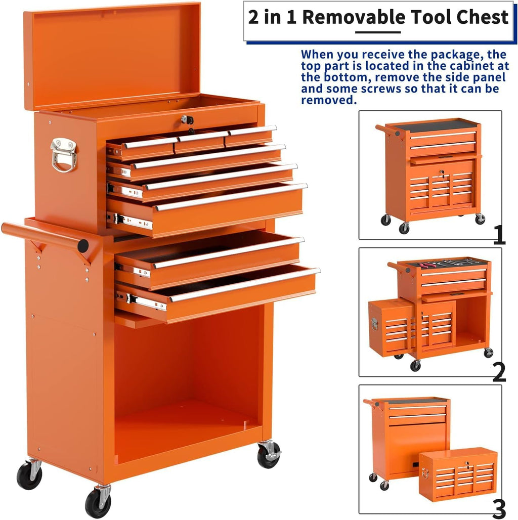 8-Drawer High Capacity Rolling Tool Box with Wheels,Rolling Tool Chest with Drawer,Tool Box on 4 Wheels with Lock, Tool Storage Cabinet Removable Portable Box for Garage Warehouse (Orange)