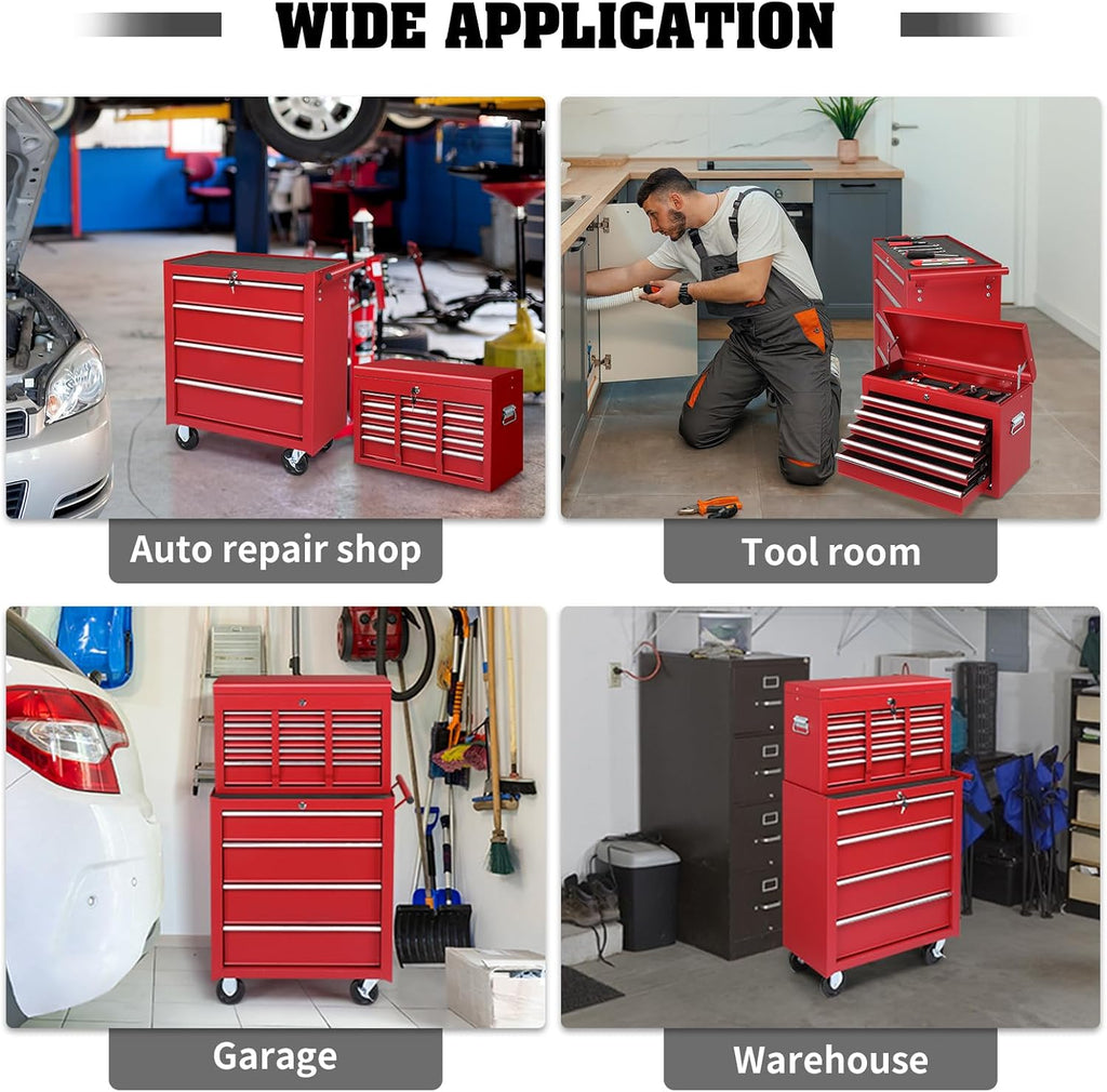 Winado 9-Drawer Rolling Tool Chest with Wheels & Lock & Key, Tool Box with Large Storage Cabinet, Removable Portable Top Box for Garage, Warehouse, Repair Shop & Home, (Red)