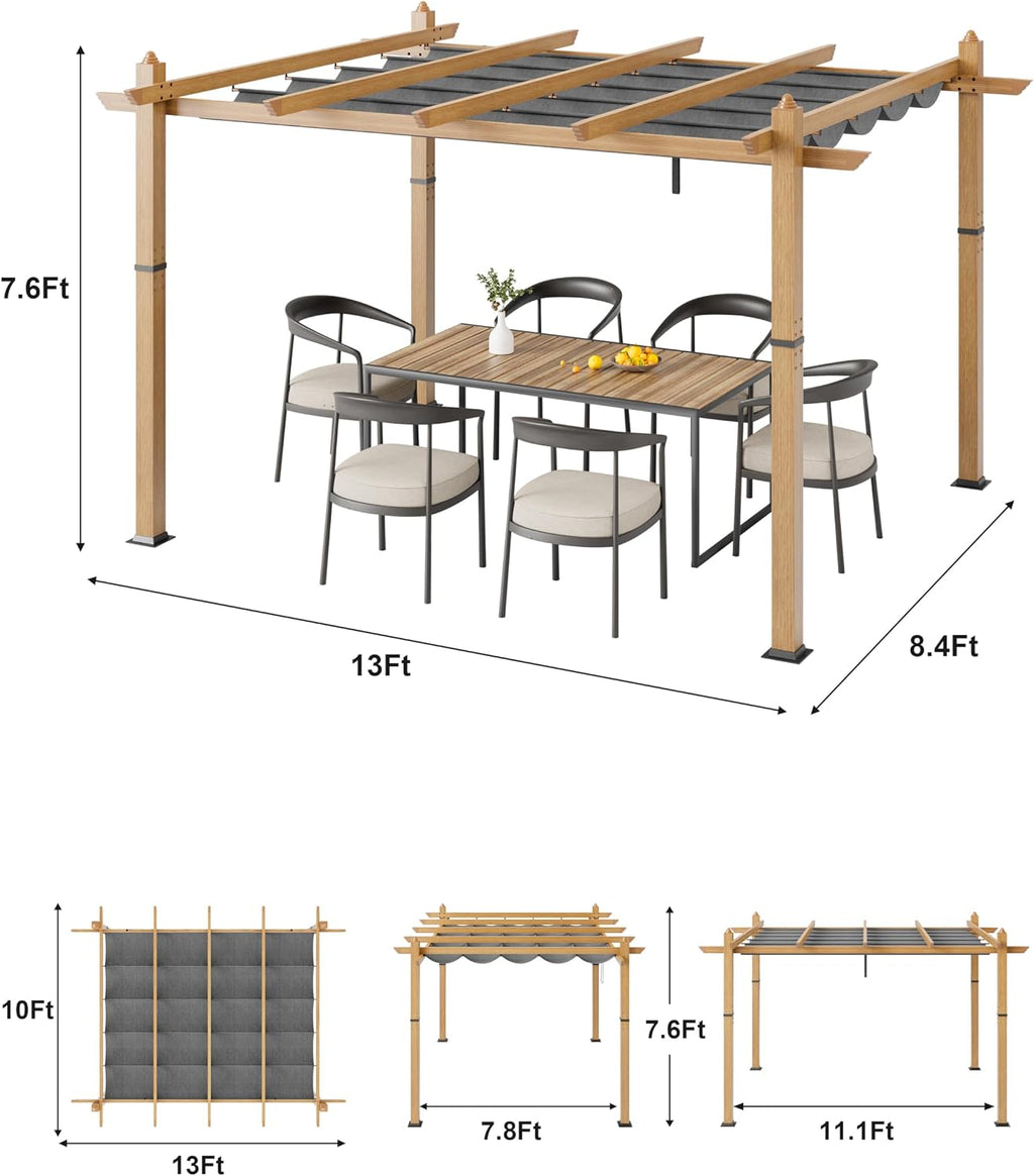 GarveeLife 10x13 ft Outdoor Pergola with Retractable Canopy Upgraded Outdoor Aluminium Pergola, Faux Wood Grain Metal Patio Gazebo for Modern Backyard Deck for Porch, Awning, Grape Trellis, Grey