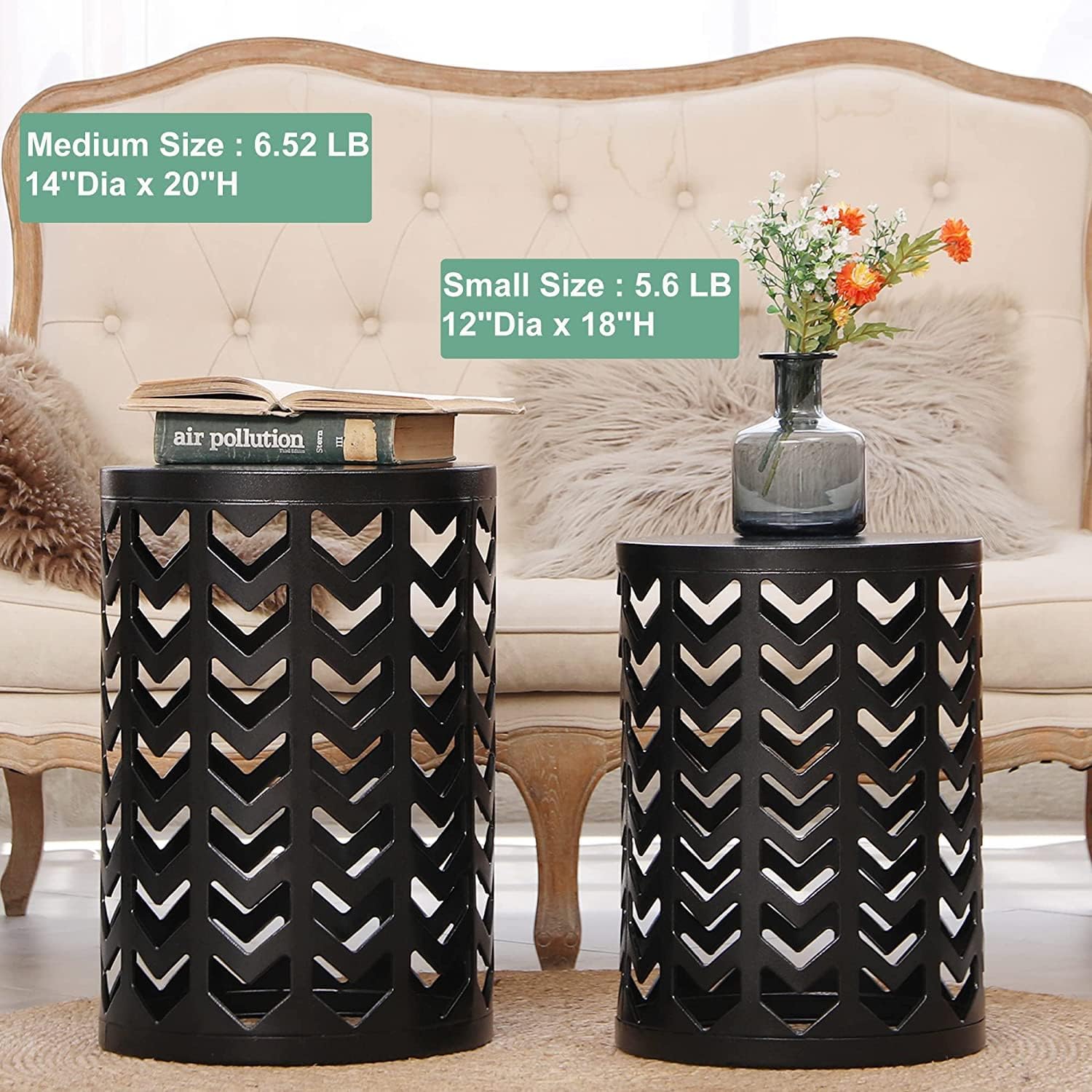Y&M Set of 3 Black End Tables, Nesting Metal Round Coffee Table, Heavy Duty Meta Plant Stand Decorative Garden Stool, Outdoor Multifunctional Use