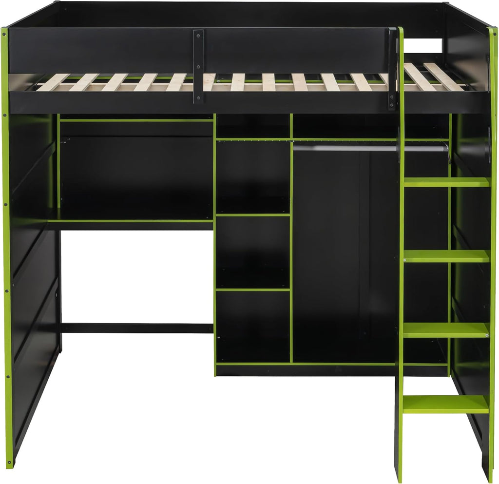 SOFTSEA Full Size Gaming Loft Bed with Desk, Bookshelves, Open Wardrobe & LED Lights for Bedroom, No Box Spring Needed, Green