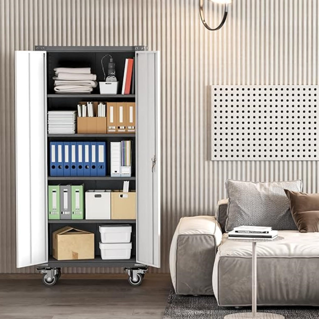 Rolling Garage Storage Cabinet with Locking Door and Shelves, 71''H Lockable Metal Storage Cabinet on Wheels, Steel Tool Cabinet for Warehouse, Basement, Utility Room, Black&Gray