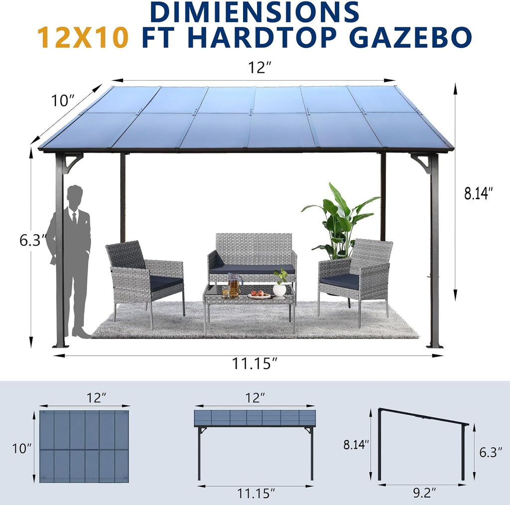 10' x 12' Outdoor Pergola Gazebo,Wall Mounted Lean to Metal Awning Gazebo with Roof,Large Heavy Duty for Patio,Decks,Backyard