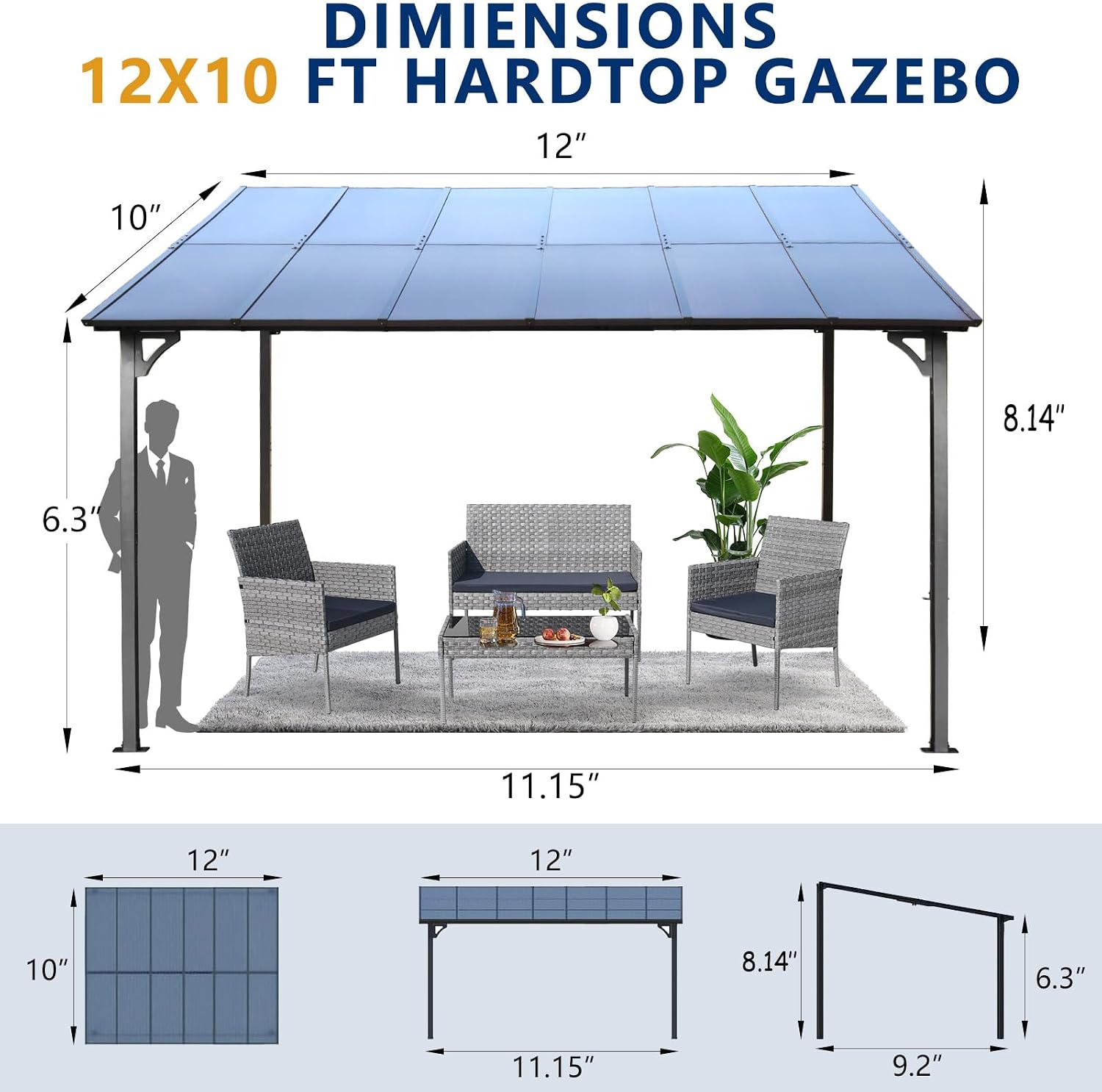 10' x 12' Outdoor Pergola Gazebo,Wall Mounted Lean to Metal Awning Gazebo with Roof,Large Heavy Duty for Patio,Decks,Backyard