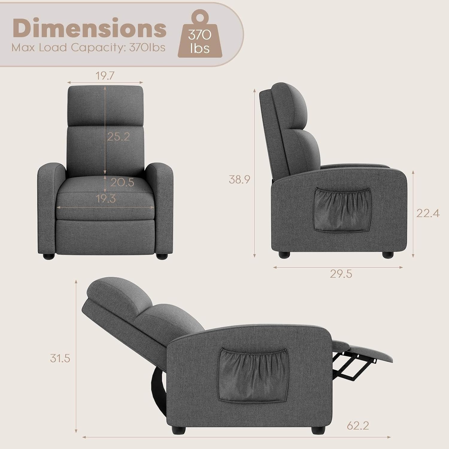 ComfyCorner Recliner Chair for Adults, Reclining Sofa with Side Pocket, Linen Fabric Recliner Sofa with Adjustable Backrest and Footrest, Modern Home Theater Seating for Living Room, Bedroom
