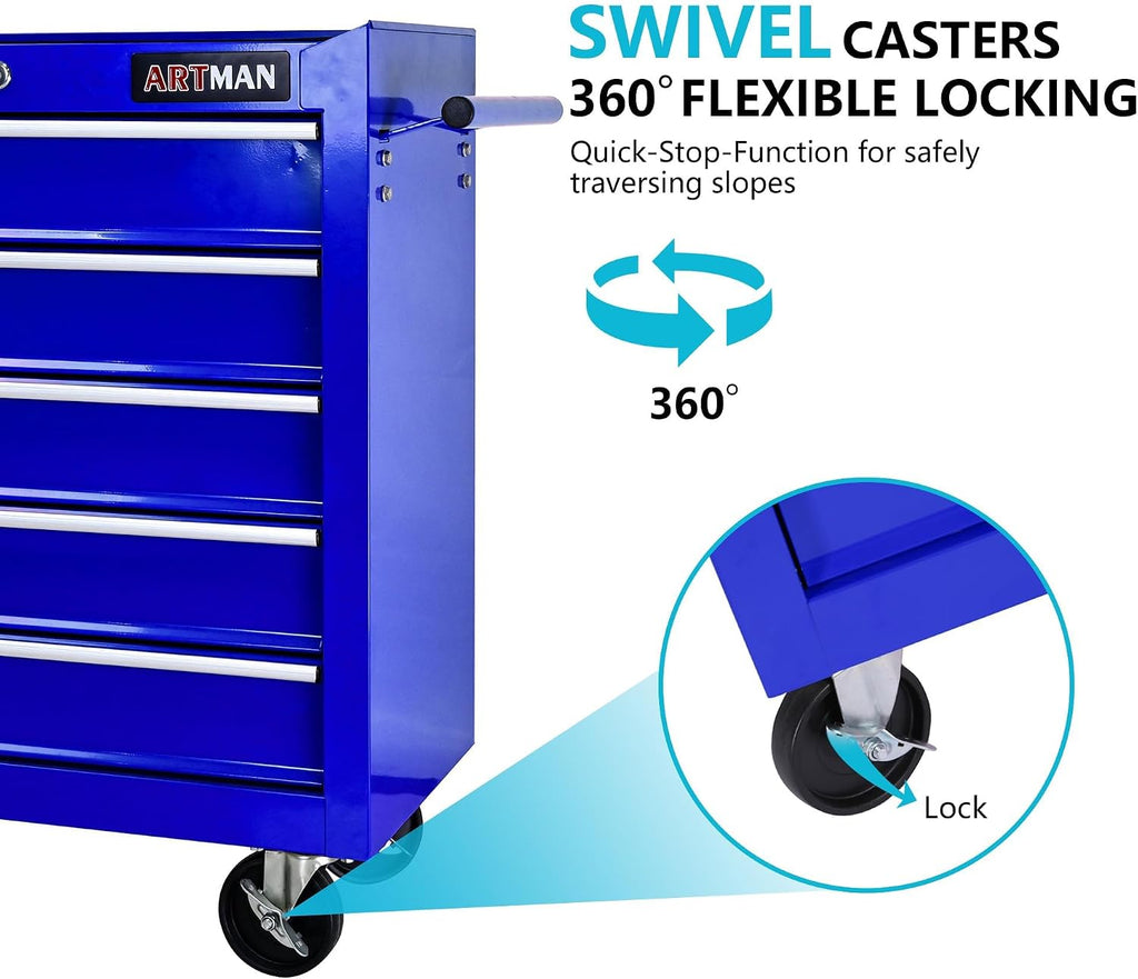 5 Large Drawers Rolling Tool Cart on Wheels, Trolley Organizer Tool Case Chest, Multifunctional Storage Tool Box for Workshop, Garage, Warehouse, Repair Shop (24.2' W×12.9' D×29.9' H-Blue)