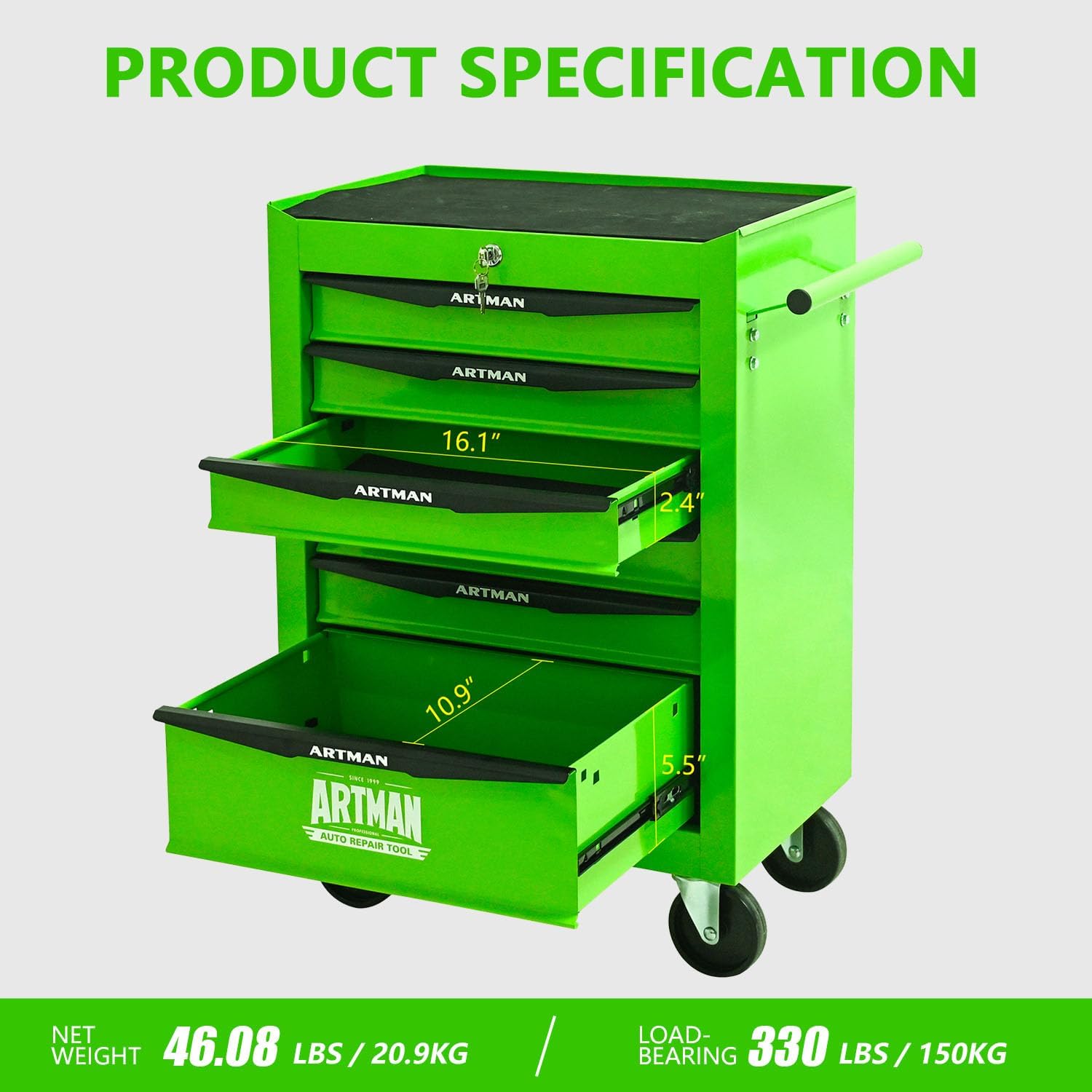 6 Drawers Rolling Tool Box on Wheels, Multifunctional Tool Chest Cabinet with Lock, Drawers Rolling Tool Cart Trolley Organizer Tool Storage Case for Warehouse,Garage,Workshop (Green)