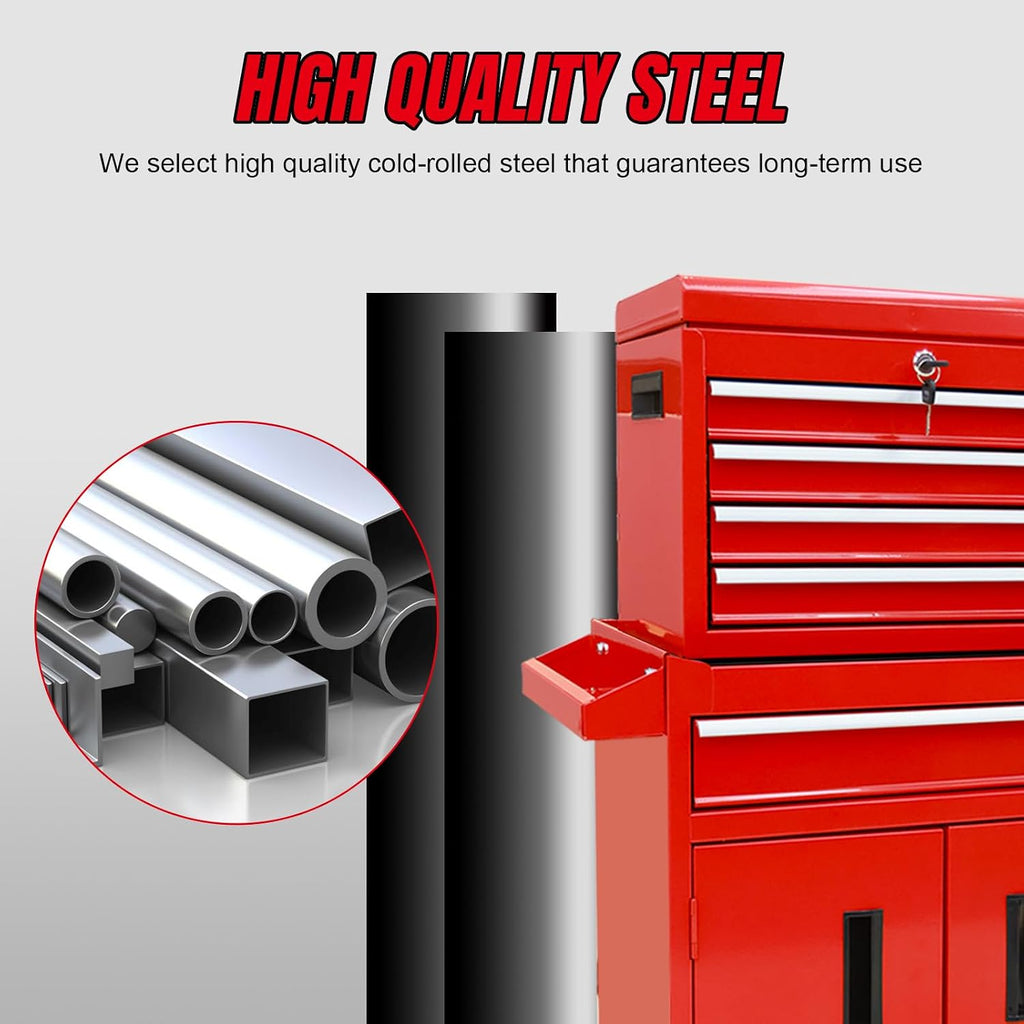 Torin 5-Drawer Rolling Tool Chest: Metal Tool Box with Wheels, Removable Top Tool Box, Liner, Adjustable Shelf and Locking Mechanism for Garage Workshop,Red