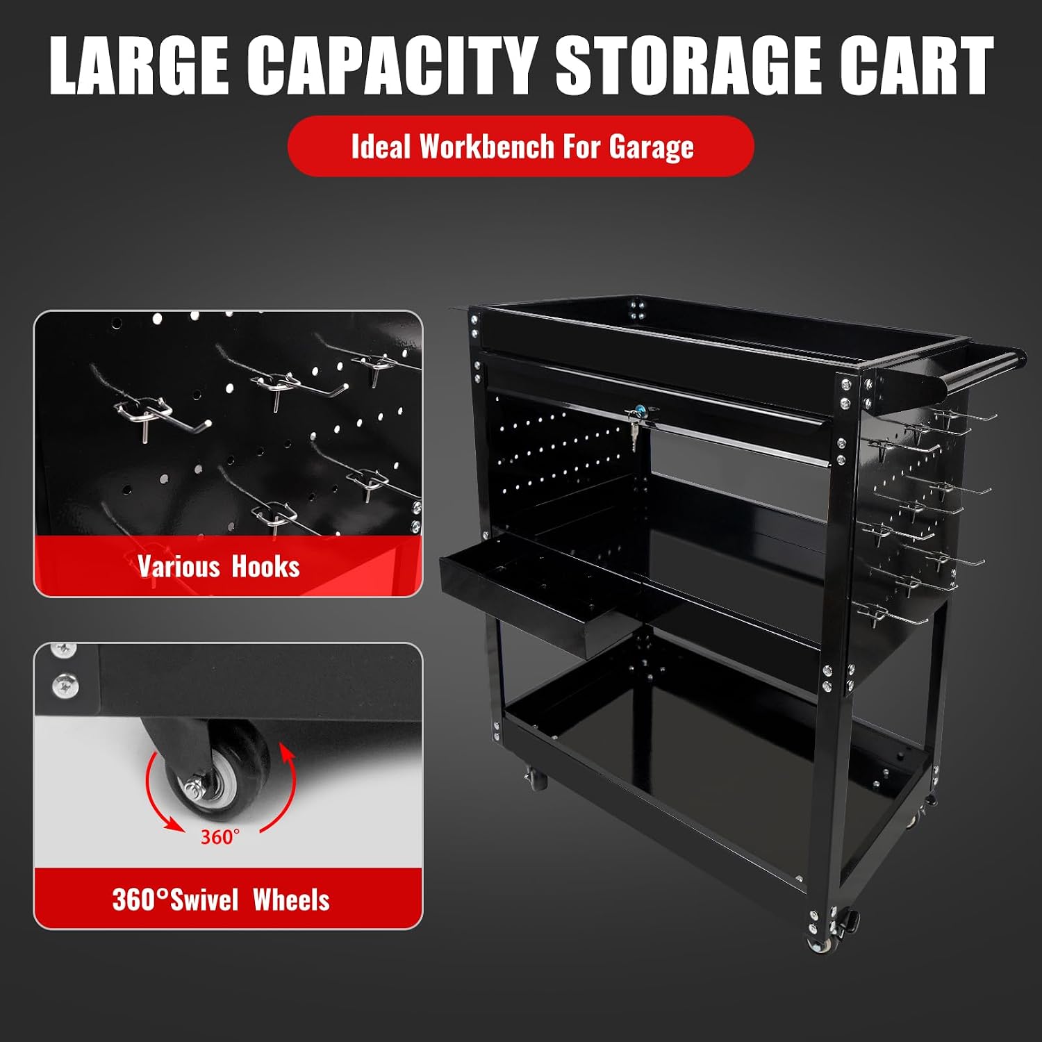 BHB 3 Tier Rolling Tool Cart Box On Wheels with Lockable Drawer, Heavy Duty Capability Tool Cart for Mechanics, Large Storage Organizer Utility Cart, for Garage Warehouse Repair Shop, 350 Lbs Load