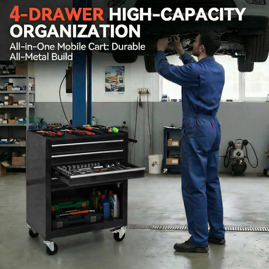 4 Drawers Tool Cart on Wheels,Rolling Tool Box Tool Storage, Drawers Rolling Tool Box Organizer Tool Case for Garage, Warehouse, Workshop, Repair Shop (4 Drawers-Black)