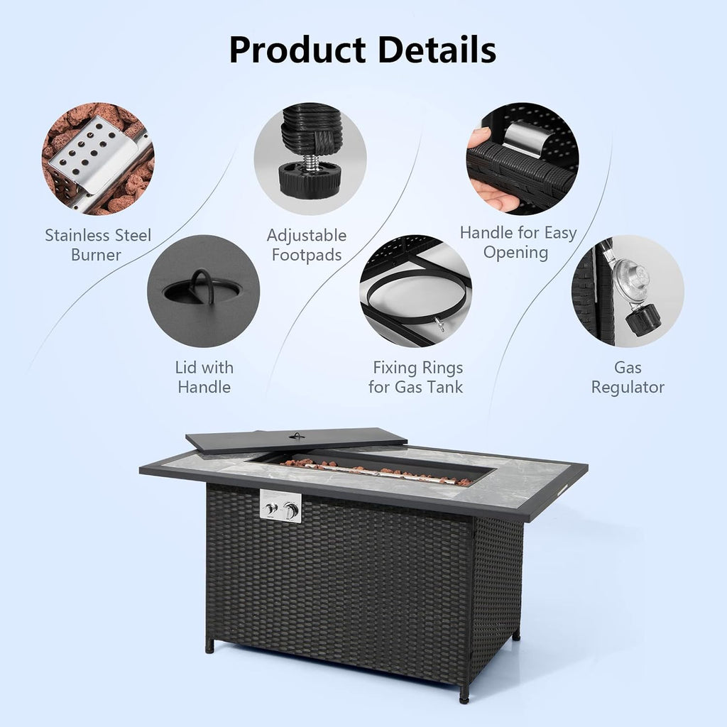 COSTWAY 52' Patio Propane Fire Pit Table, 50,000 BTU Outdoor Fire Table, Electric Pulse Ignition, Marble Tabletop & Weatherproof Rattan, Protective Cover Included, Perfect for Backyard, Poolside