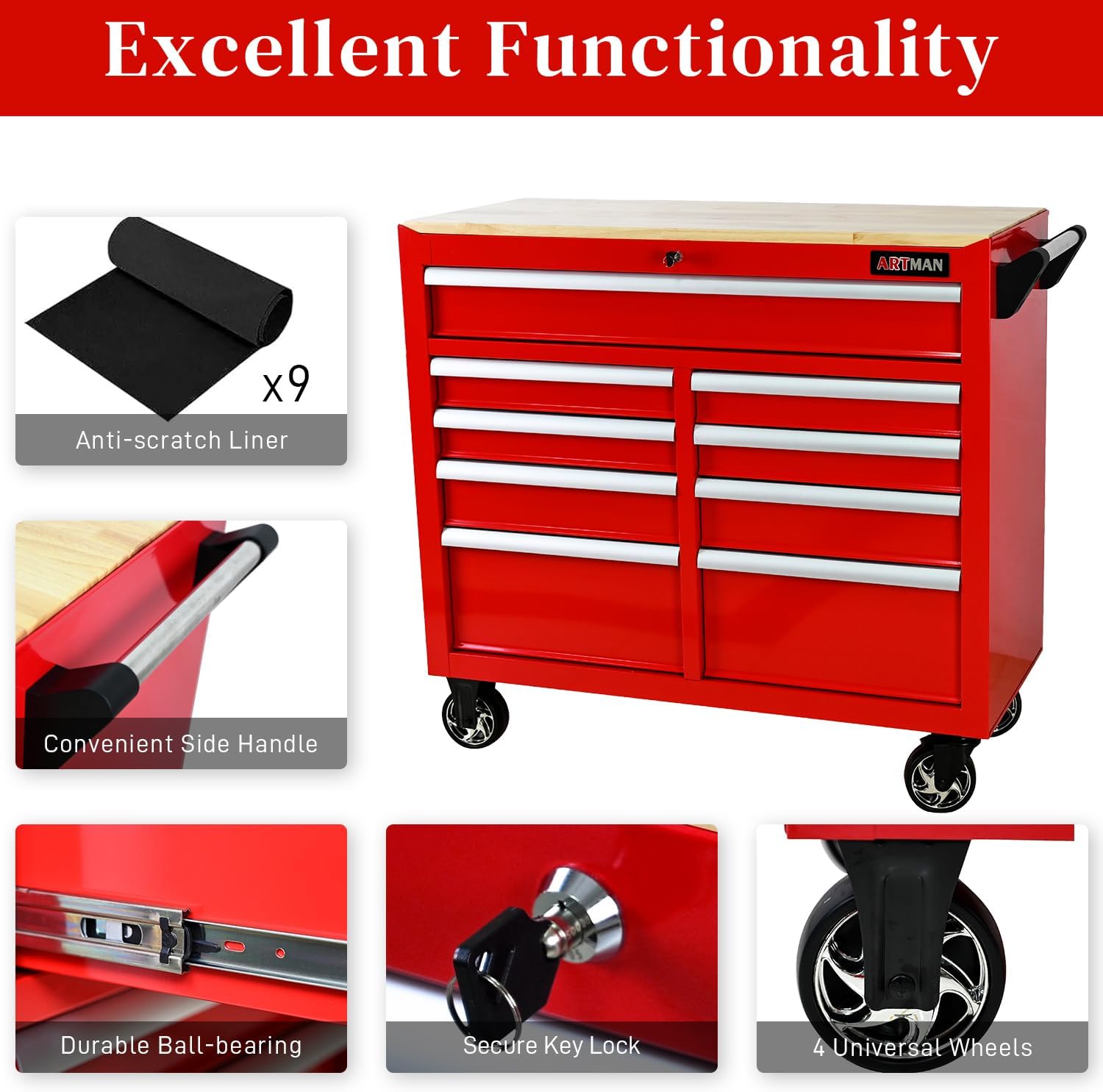 Heavy Duty Rolling Tool Chest with 9-Drawer Wood Top Tool Cart Mechanic Tool Box with Wheels Tool Storage Cabinet Mobile Workbench Tool Bench for Garage, Warehouse, Workshop, Repair Shop (Red)