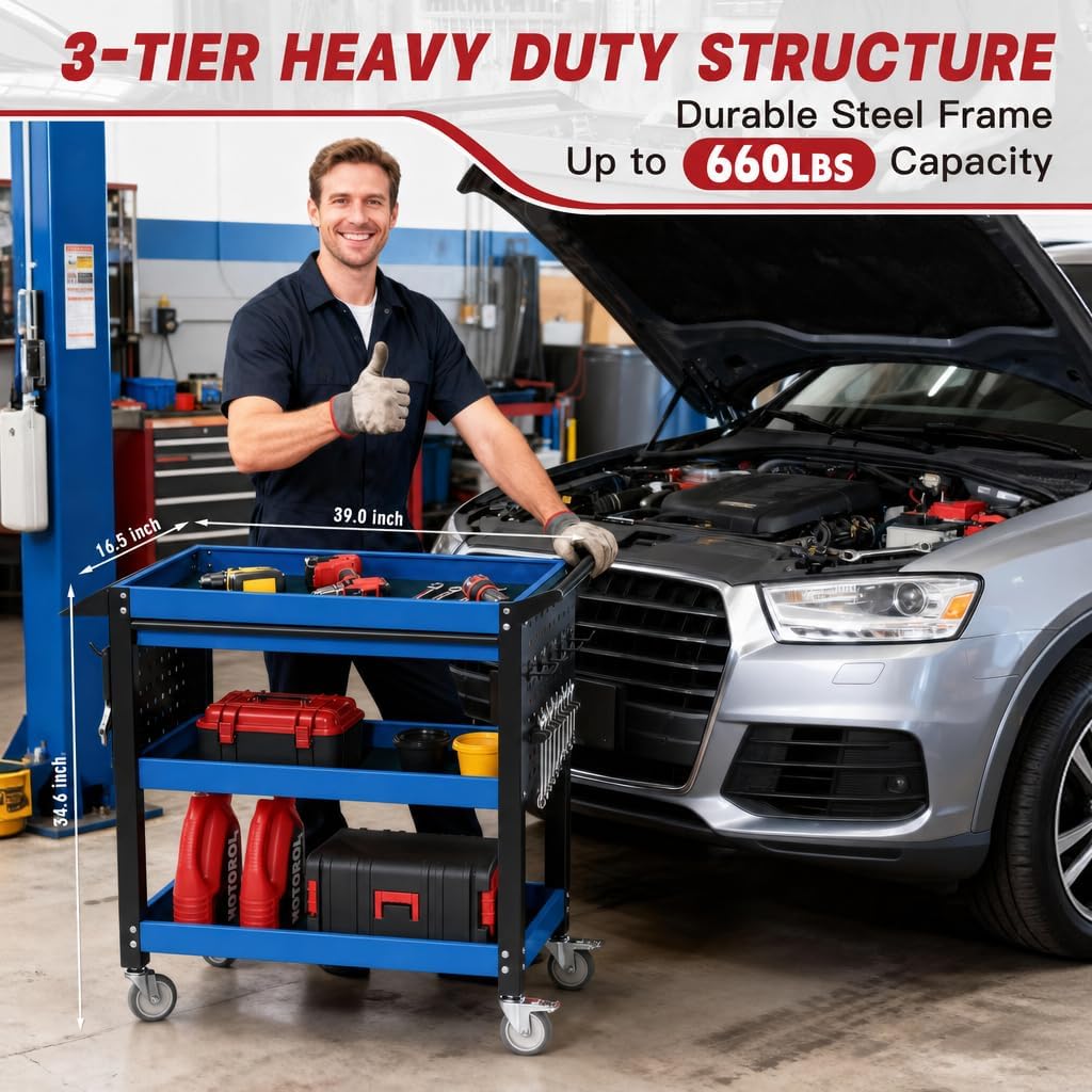 3 Tier Tool Cart on Wheels, Heavy Duty Metal Rolling with Drawers and Pegboards, 660 LBS Load Capacity Tool Storage Cart, Industrial Utility for Garage, Warehouse, Workshop, Blue Black