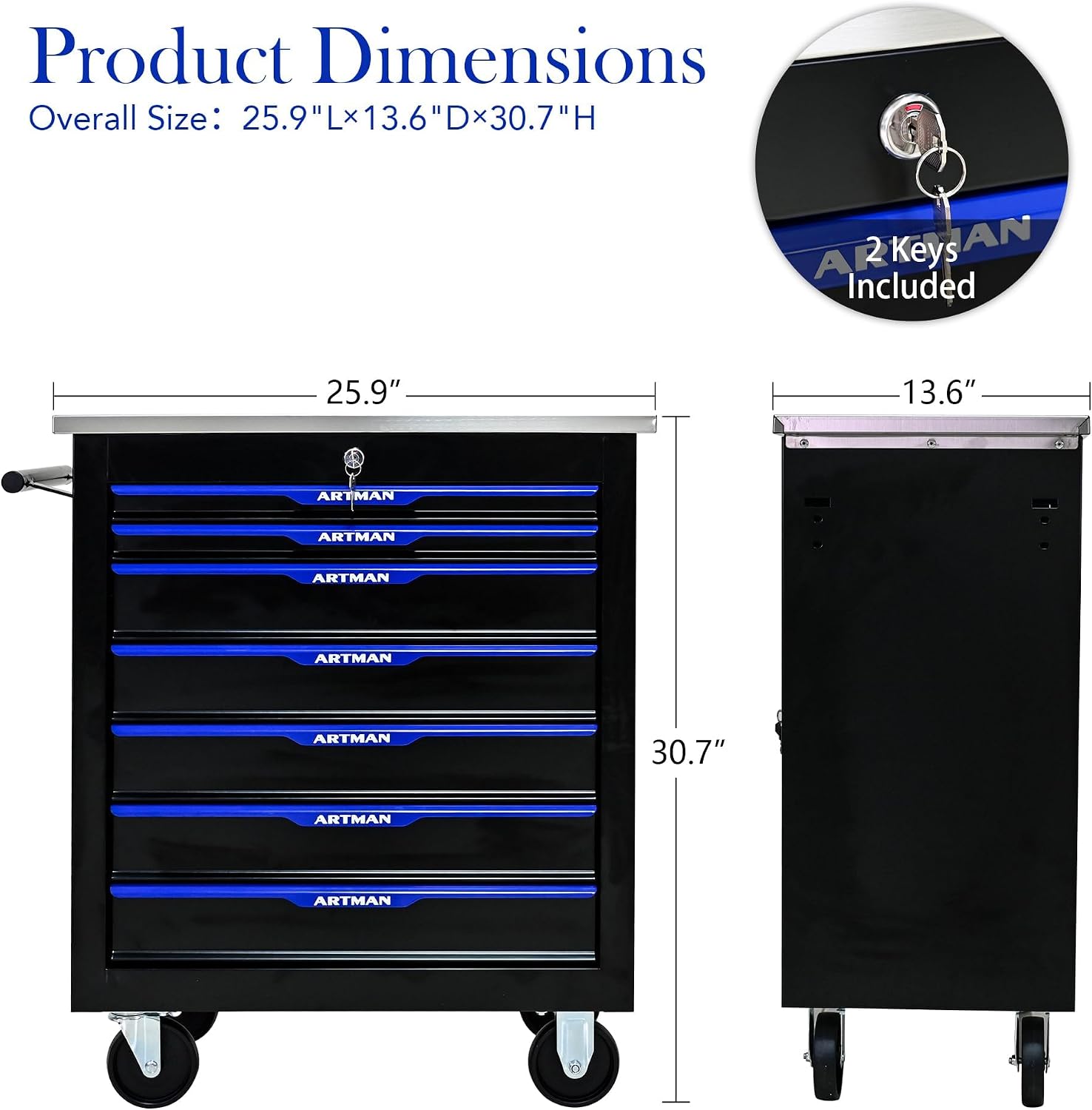 7-Drawer Heavy-Duty Rolling Steel Tool Cart with Handle&Wheels, Metal Storage Organizer Cabinet, Tool Chest for Efficient Tool Storage in Garage, Warehouse, Workshop, Repair Shop, Blue