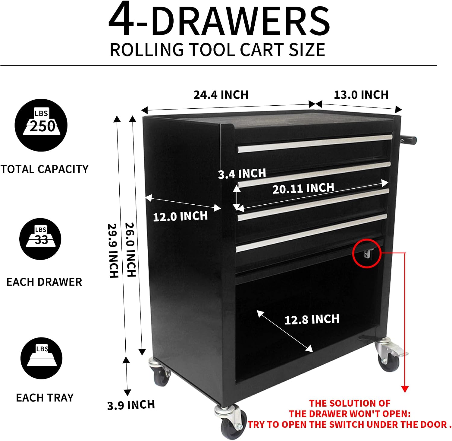 4-Drawer Tool Cart on Wheels, Rolling Tool Box，Heavy Duty Utility Industrial Service Cart Storage Organizer with Locking System, for Mechanic, Warehouse, Garage, Workshop
